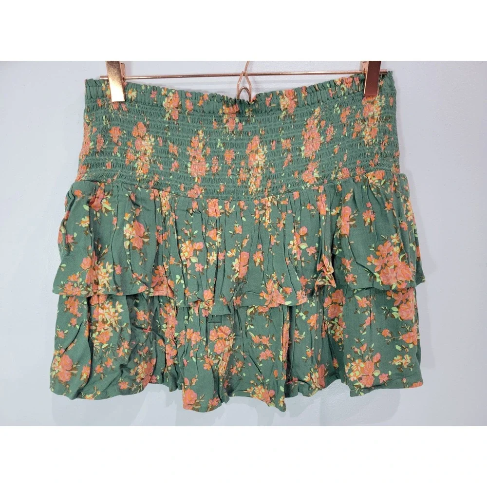 Aerie‎ Smocked Tiered Floral Mini Skirt Green Orange Womens L